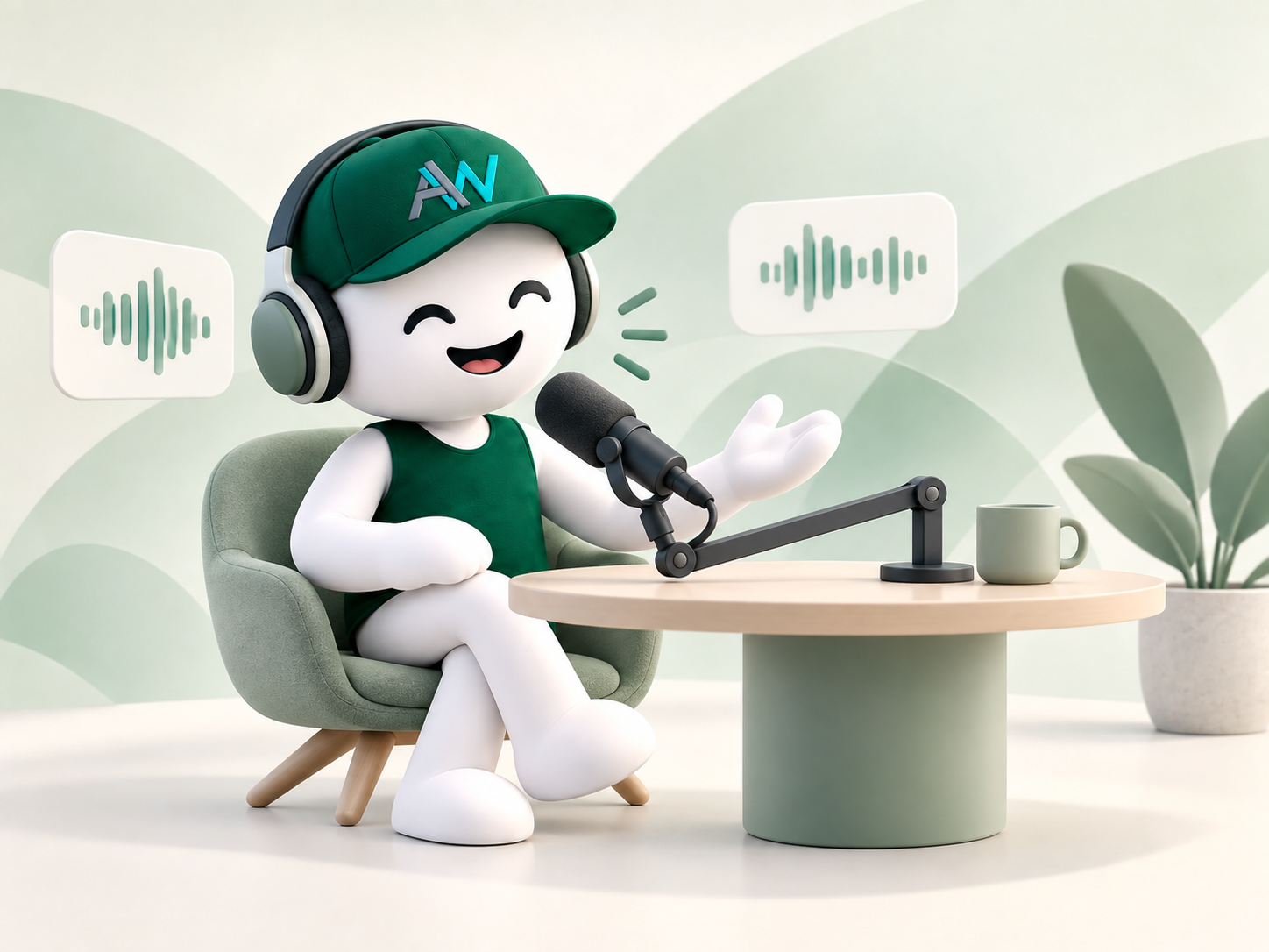 Assistant wearing headphones and speaking into a microphone